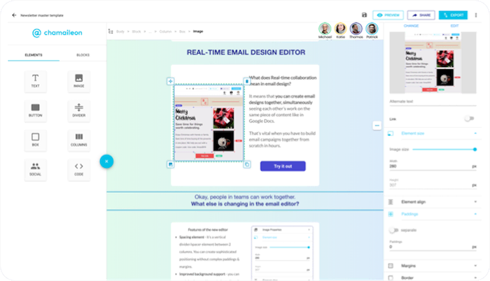 Edit the same email with multiple team members simultaneously and see changes being made in real time